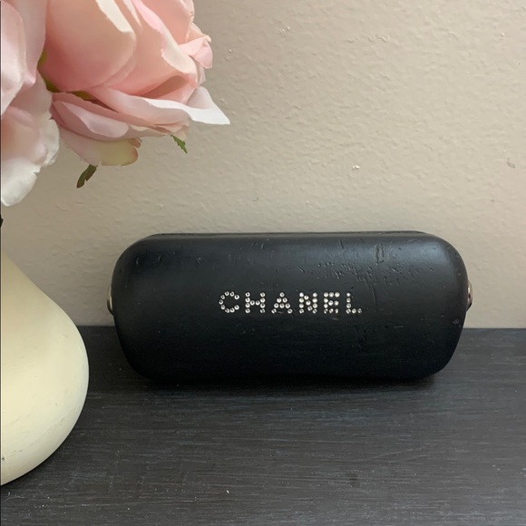 CHANEL Accessories - CHANEL Black Leather Eyewear Case Crystal Logo Embellishment